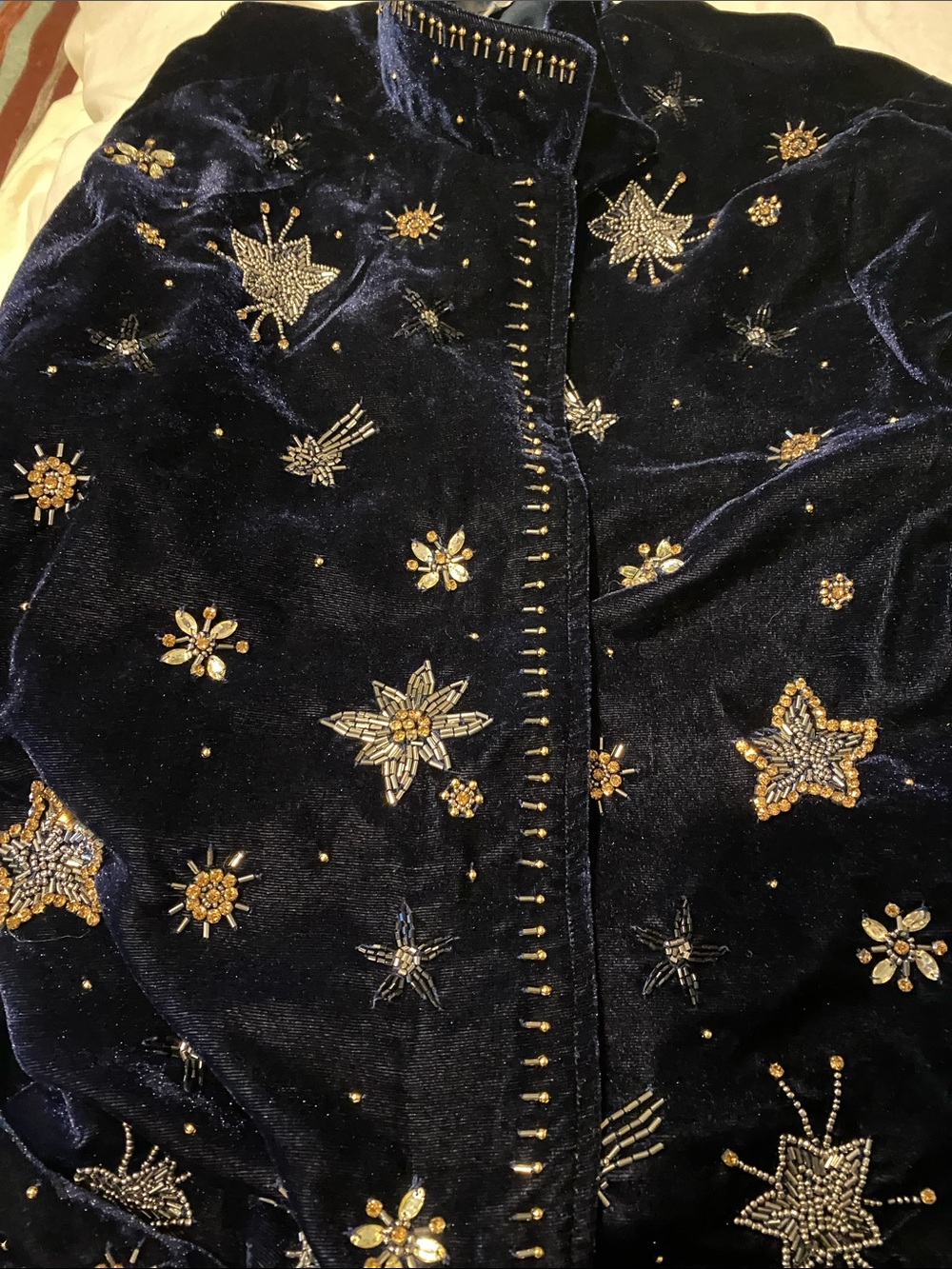 House of Skye Embellished Velvet Bomber Jacket in Navy with Metallic Accents - Picture 5 of 7
